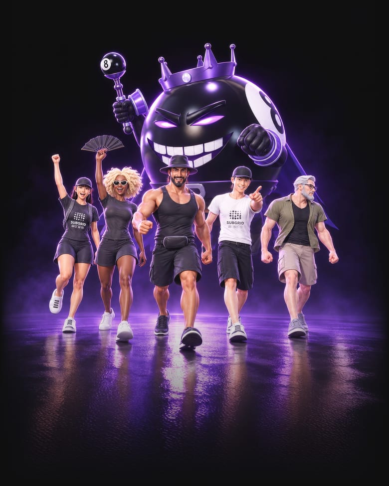 A huge round character in a crown and cape, with glowing purple eyes and a wide grin, stands behind five festivalgoers striding across a wet, purple-lit floor.